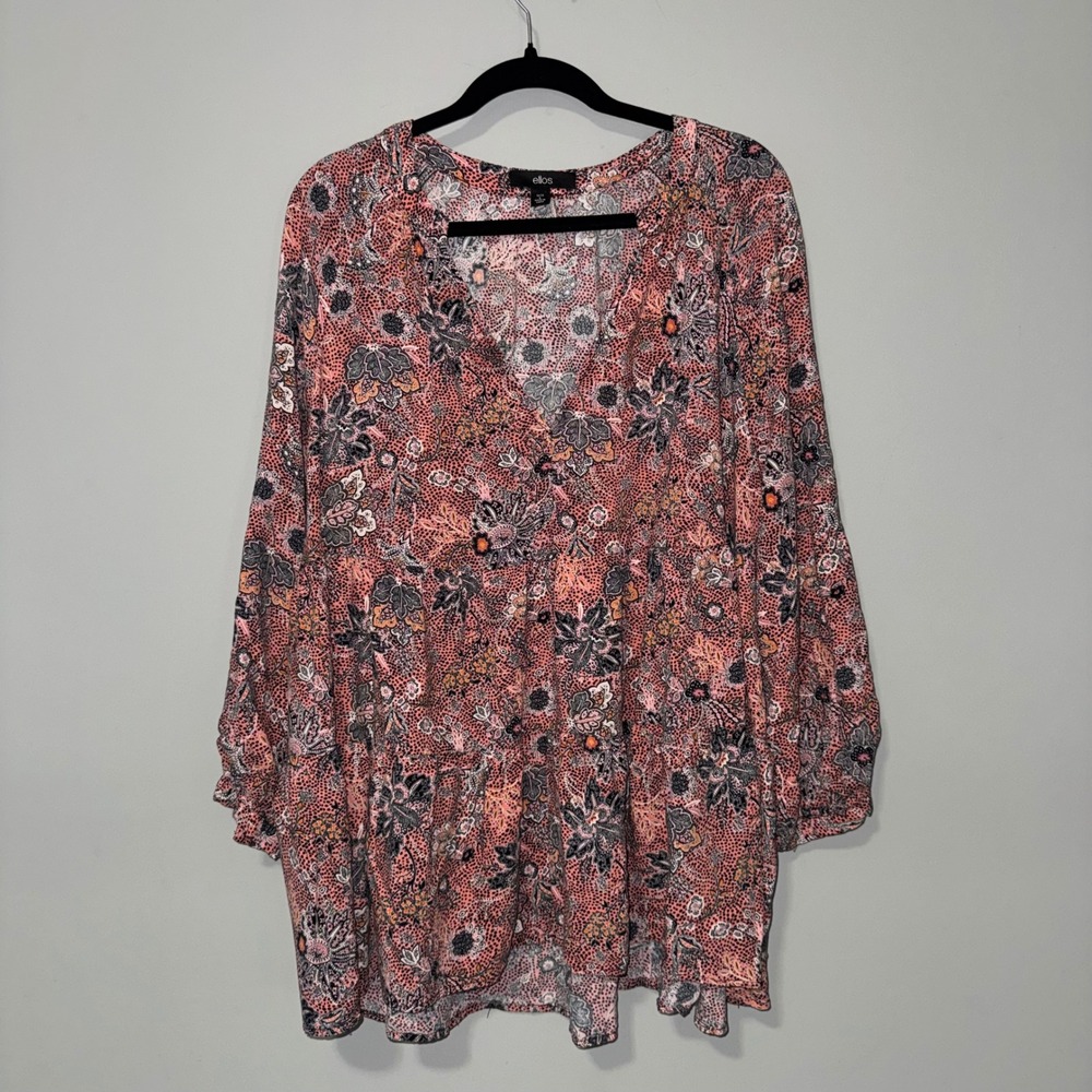 Ellos Womens Plus Size 18/20 L Coral Pink Paisley Floral Tiered V-Neck Tunic Top